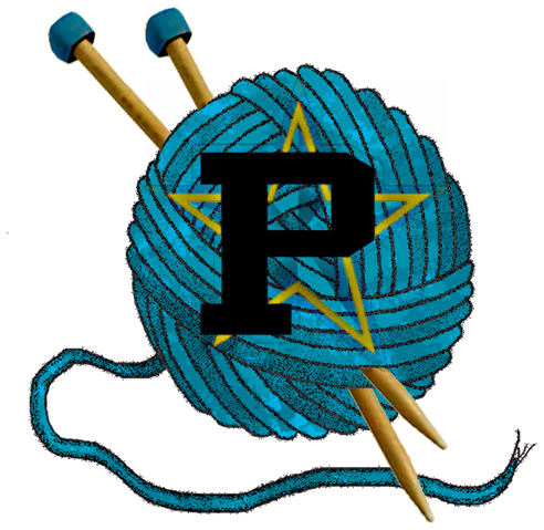 a ball of yarn and knitting needles with the letter P and a star on top